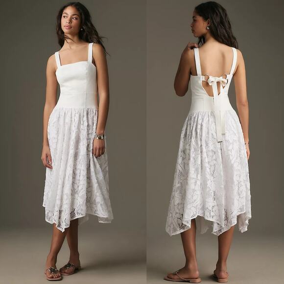 Pilcro Anthropologie Ivory White Sleeveless Drop-Waist Lace Midi Dress Size 4 - Picture 1 of 9
